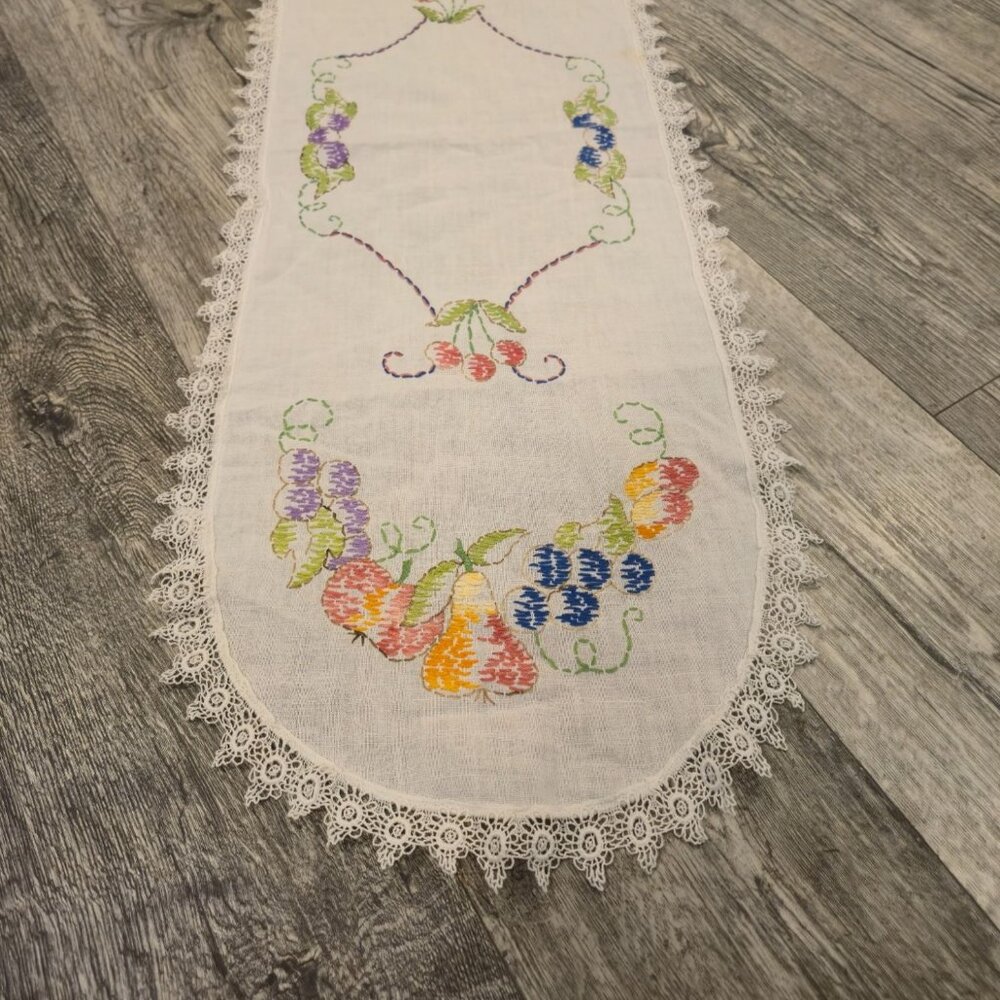 Vintage Hand Embroidered Table Runner with Lace Edge  Fruit Design Linen Doily